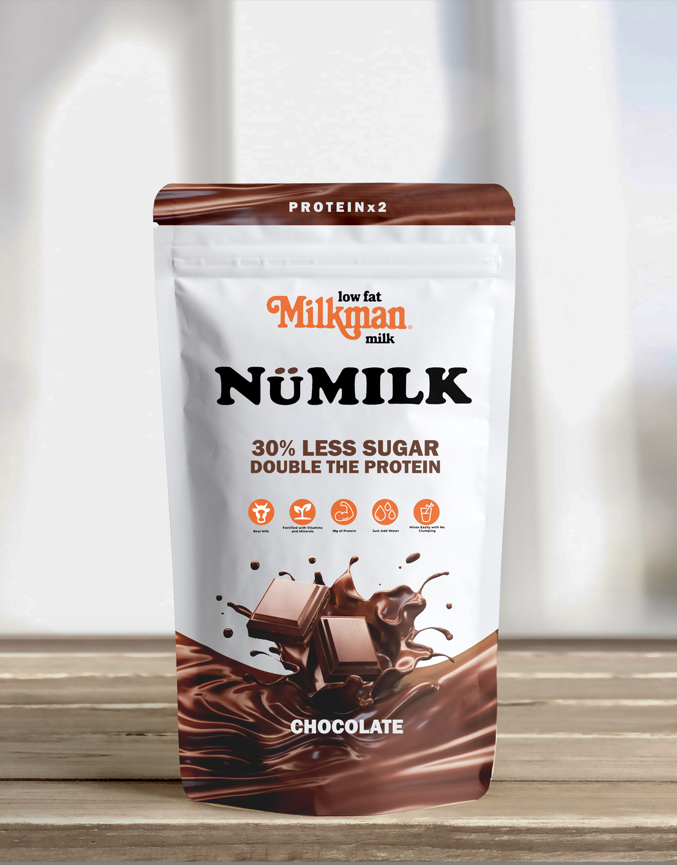 NüMilk chocolate protein powder bag render